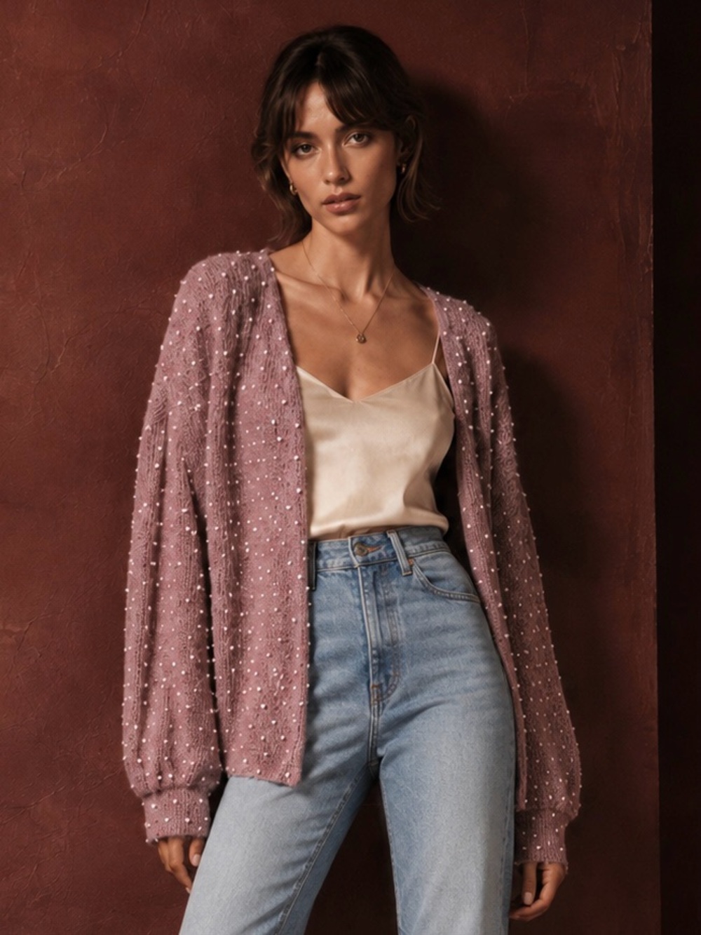 MINE Los Angeles NWT Bobble Dot Open Knit Cardigan in Mauve Ivory, M